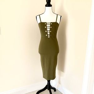 Privy olive green plunge midi dress size M